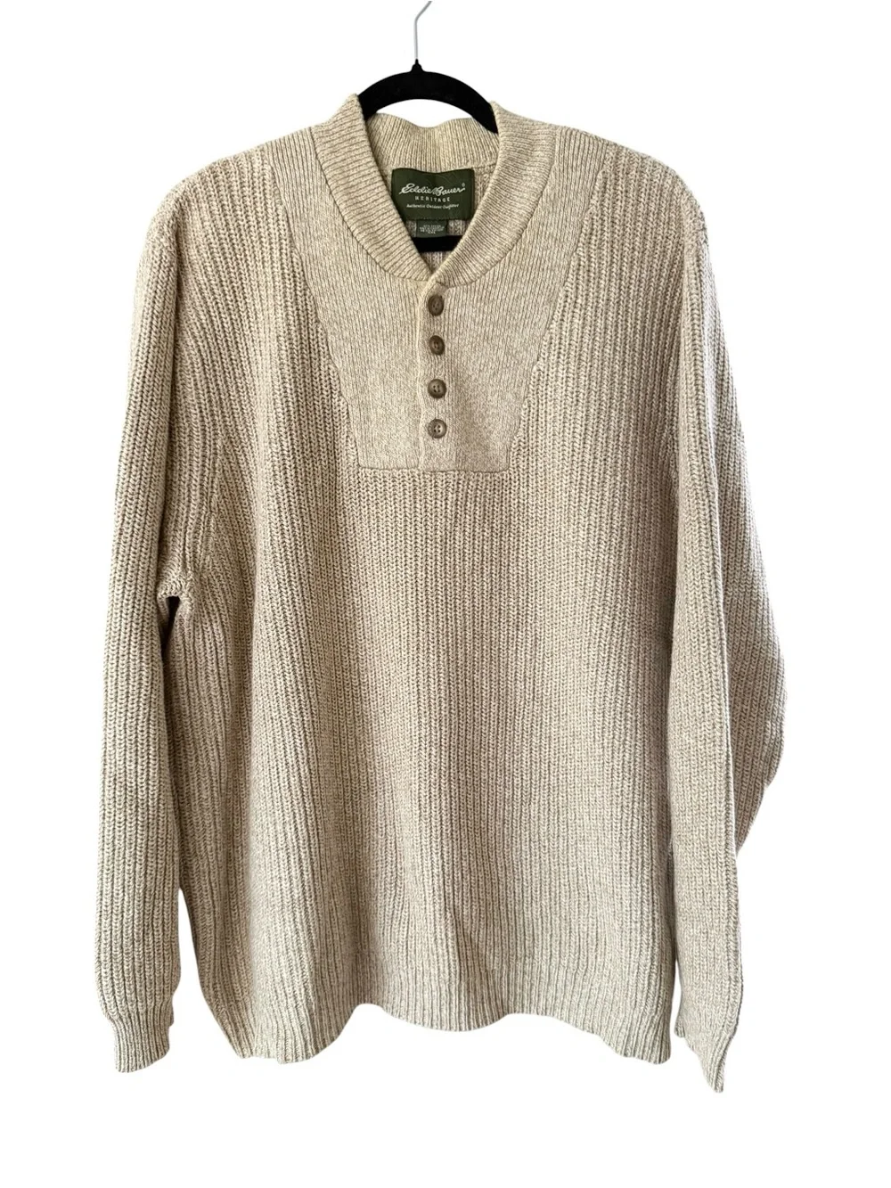 Eddie Bauer Men's Vintage Beige Cream Henley Knit Sweater 100% Cotton XXL